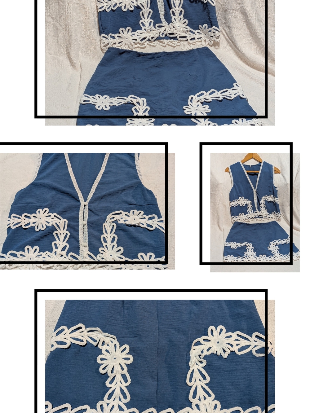 Blue Two-Piece Skirt Set with White Floral Trim